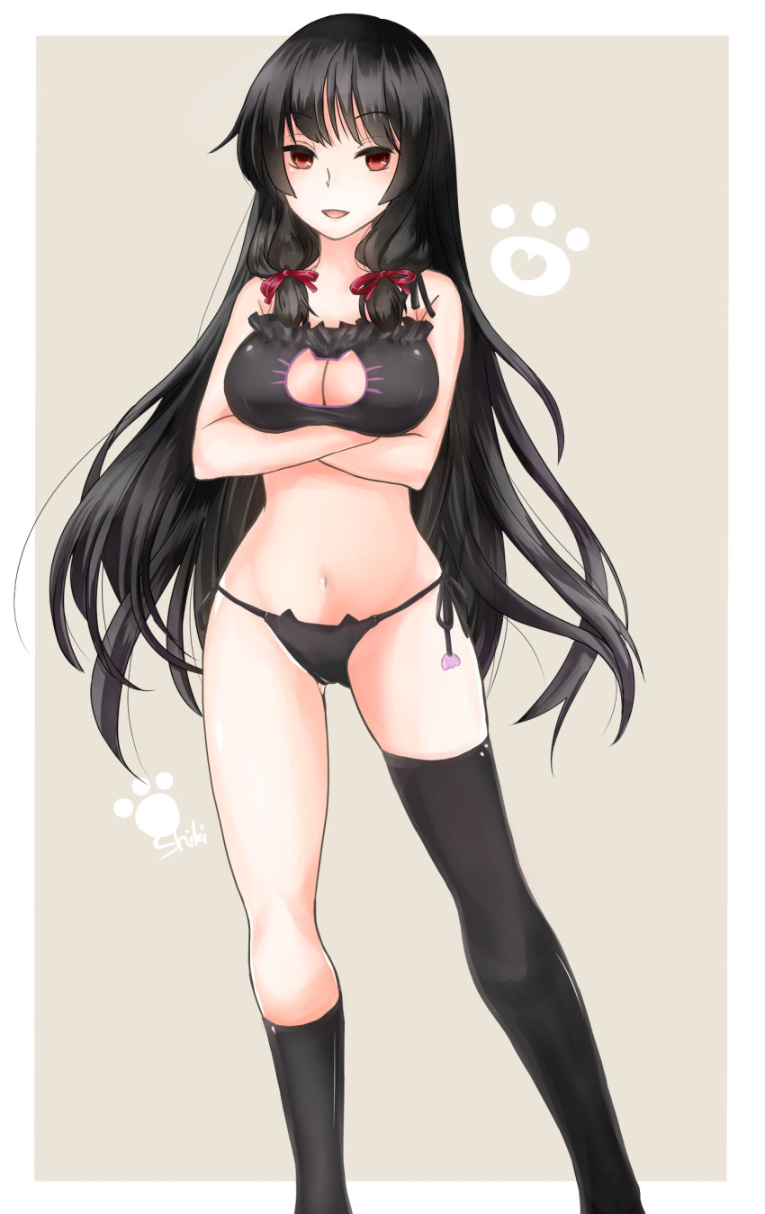 1girl artist_name asymmetrical_legwear bangs black_bra black_hair black_panties bra breast_hold breasts cat_cutout cat_ear_panties cat_lingerie cleavage cleavage_cutout commentary_request crossed_arms eyebrows_visible_through_hair frilled_bra frills grey_background hair_ribbon highres isokaze_(kantai_collection) kantai_collection kneehighs lingerie long_hair looking_at_viewer medium_breasts meme_attire navel open_mouth outside_border panties paw_print red_eyes red_ribbon ribbon shiki_(sherry99) side-tie_panties signature single_kneehigh single_thighhigh skindentation smile solo standing thigh-highs tress_ribbon underwear underwear_only