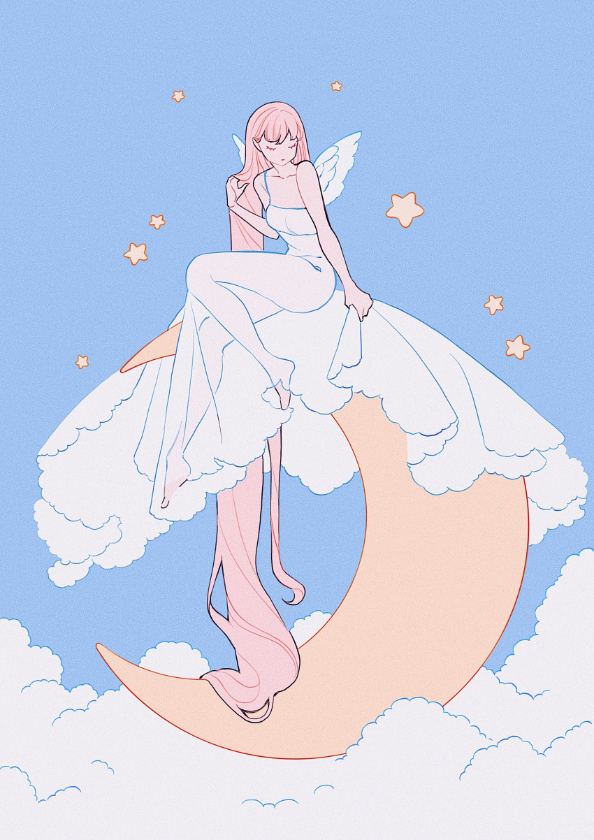 1girl absurdly_long_hair absurdres bangs bare_legs barefoot blue_sky closed_eyes clouds crescent_moon dress feathered_wings hand_up highres long_hair meyoco moon original pink_hair sky solo star_(symbol) very_long_hair white_dress white_wings wide_shot wings