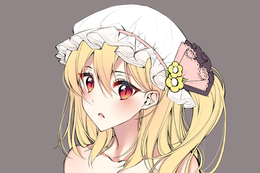 1girl bare_shoulders blonde_hair collarbone commentary_request eyebrows_visible_through_hair fang flandre_scarlet flower gem_oblivion grey_background hair_between_eyes hat hat_flower hat_ribbon leaf long_hair looking_at_viewer mob_cap one_side_up parted_lips pink_lips pink_ribbon portrait red_eyes ribbon simple_background solo touhou white_hat yellow_flower