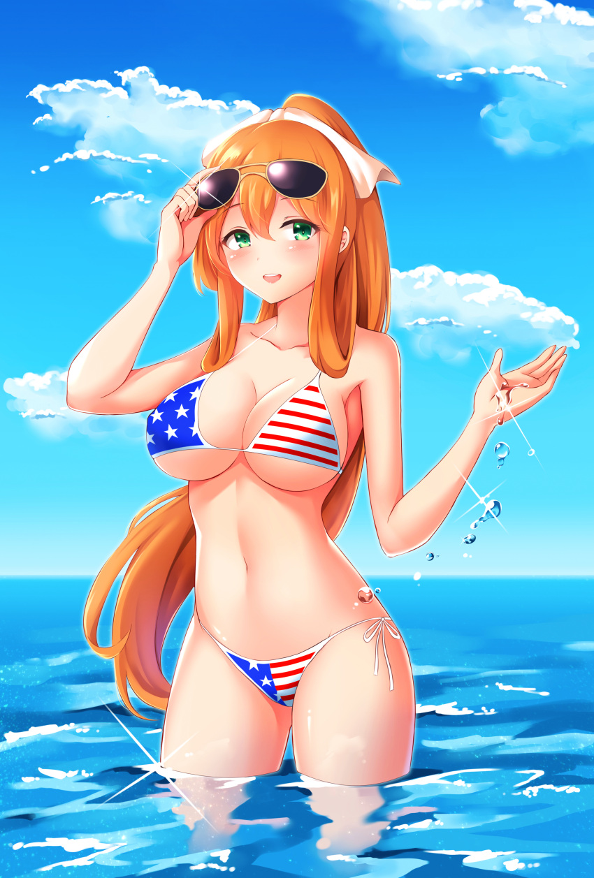 1girl absurdres alternate_costume american_flag_bikini armpits bangs bare_shoulders bikini bloody0rabby blue_sky blush breasts brown_hair cleavage collarbone day eyebrows_visible_through_hair flag_print girls_frontline green_eyes hair_between_eyes hair_ribbon hair_rings hand_on_eyewear hand_up highres large_breasts long_hair looking_at_viewer m1903_springfield_(girls_frontline) navel ocean open_mouth outdoors partially_submerged ponytail ribbon side-tie_bikini sidelocks sky smile solo sparkle stomach sunglasses swimsuit white_ribbon