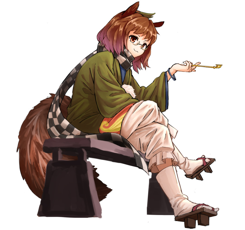 1girl :3 animal_ears bench brown_eyes brown_hair full_body futatsuiwa_mamizou glasses highres legs_crossed looking_at_viewer nob1109 pipe raccoon_ears raccoon_tail sandals sitting solo tail touhou white_background