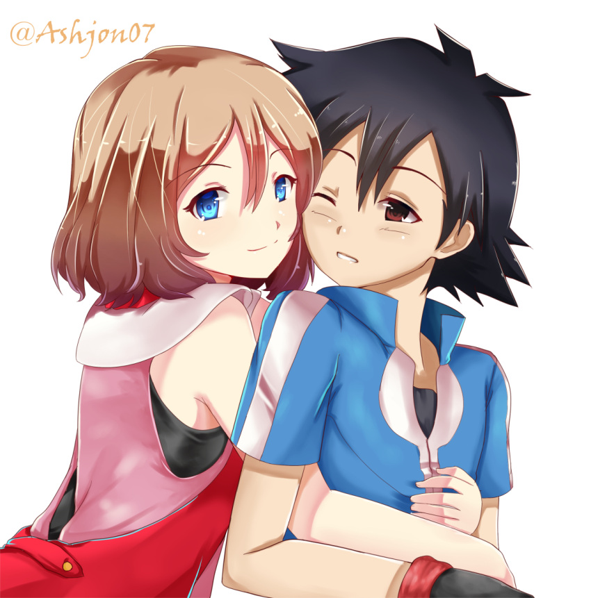 1boy 1girl ashujou black_gloves black_hair blue_eyes blue_shirt brown_hair couple eyebrows_visible_through_hair gloves hair_between_eyes highres hug hug_from_behind parted_lips pokemon pokemon_(anime) pokemon_xy_(anime) red_eyes satoshi_(pokemon) serena_(pokemon) shirt short_hair short_sleeves simple_background smile upper_body white_background