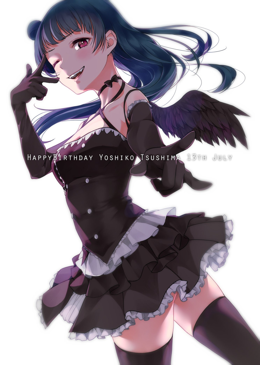 1girl \m/ bangs black_choker black_gloves black_legwear black_shirt black_skirt black_wings blue_hair character_name choker commentary_request criss-cross_halter dated double-breasted elbow_gloves feathered_wings from_side gloves halterneck happy_birthday highres kate_iwana long_hair looking_at_viewer love_live! love_live!_sunshine!! one_eye_closed open_mouth outstretched_arm shirt side_bun simple_background skirt smile solo thigh-highs tsushima_yoshiko violet_eyes w_over_eye white_background wings