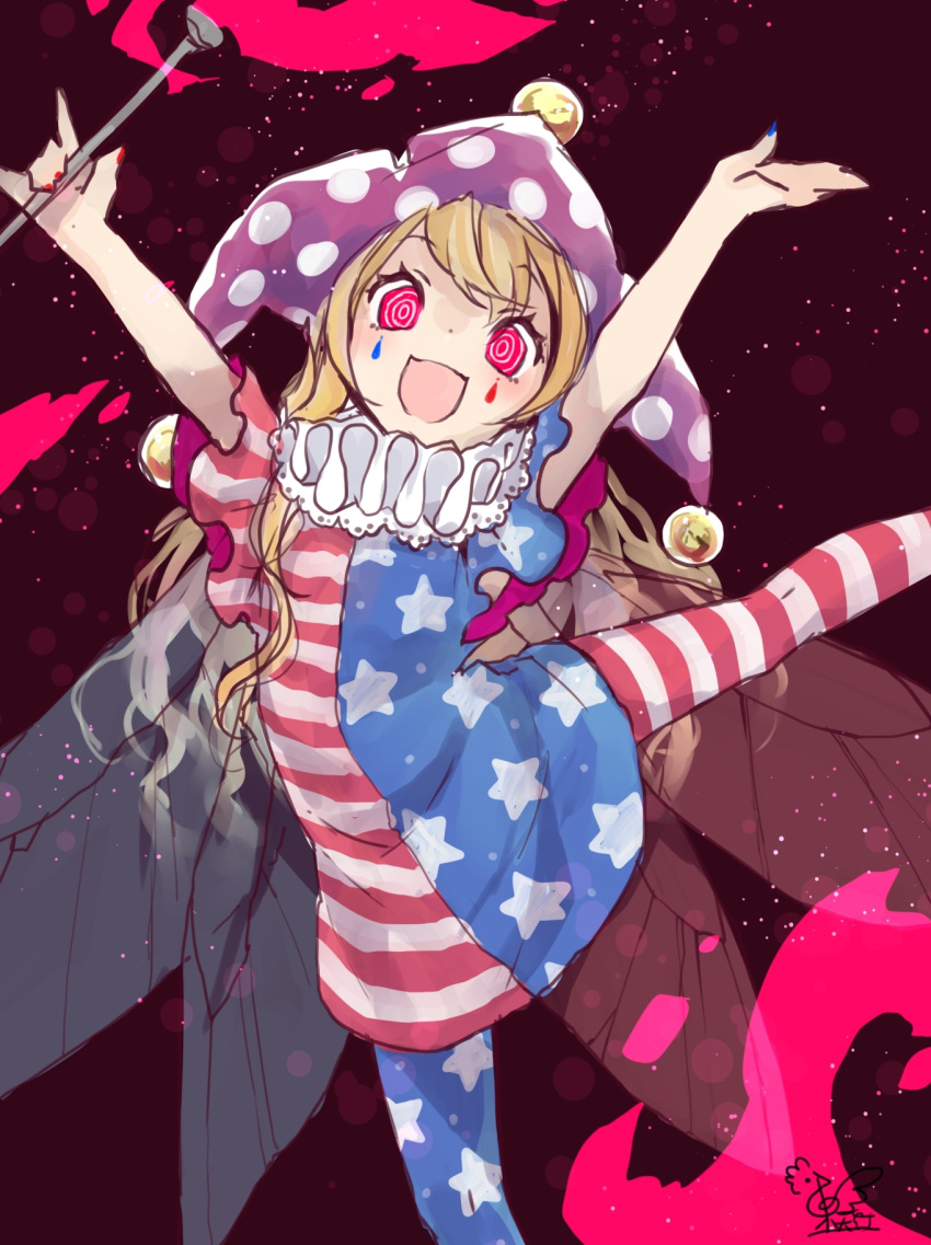 1girl :d \m/ american_flag_dress american_flag_legwear arms_up artist_name bare_arms blonde_hair blue_nails clownpiece commentary_request dress eyebrows_visible_through_hair facepaint fairy_wings feet_out_of_frame fire hat highres holding horizontal-striped_dress horizontal-striped_legwear horizontal_stripes jester_cap leg_up light_particles long_hair looking_at_viewer nail_polish neck_ruff open_mouth pantyhose pink_eyes polka_dot polka_dot_hat purple_hat red_nails ringed_eyes short_dress short_hair signature sketch smile solo star star_print striped striped_dress striped_legwear torch touhou toutenkou wings