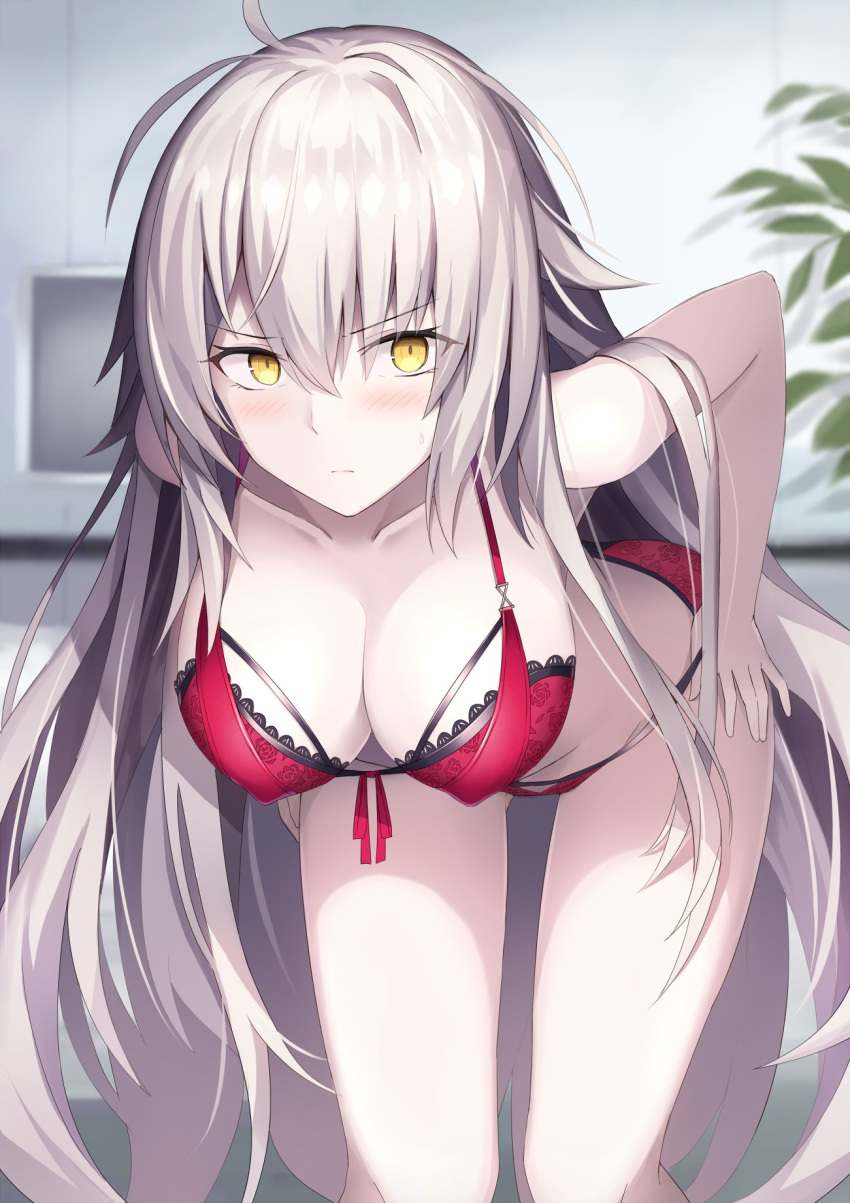 1girl ahoge bangs bare_shoulders blush bra breasts cleavage closed_mouth collarbone fate/grand_order fate_(series) hair_between_eyes hanging_breasts highres hips jeanne_d'arc_(alter)_(fate) jeanne_d'arc_(fate)_(all) large_breasts leaning_forward long_hair looking_at_viewer pale_skin panties red_bra red_panties rin_yuu silver_hair solo thighs underwear very_long_hair yellow_eyes