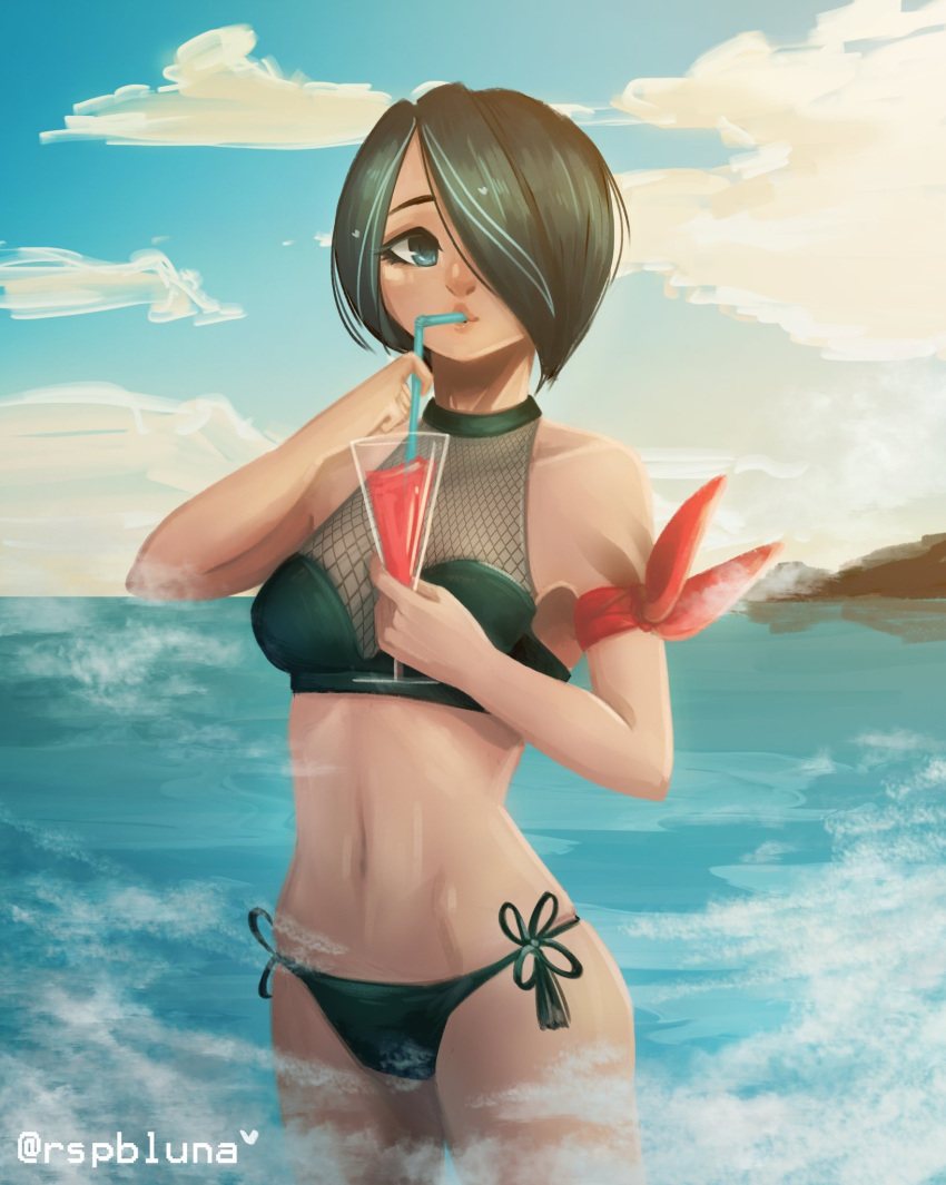 1girl beach bikini blue_eyes blue_sky cocktail cocktail_glass cup drinking drinking_glass fire_emblem fire_emblem_heroes fire_emblem_if green_hair hair_over_one_eye highres ocean outdoors setsuna_(fire_emblem_if) sky solo swimsuit twitter_username
