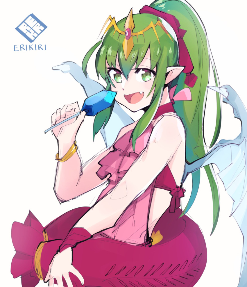 1girl artist_name bracelet chiki dragon_wings eri_(erikiri) fire_emblem fire_emblem:_mystery_of_the_emblem fire_emblem_heroes food green_eyes green_hair hair_ribbon highres jewelry long_hair mamkute open_mouth pink_swimsuit pointy_ears ponytail popsicle red_ribbon ribbon simple_background solo swimsuit tiara white_background wings