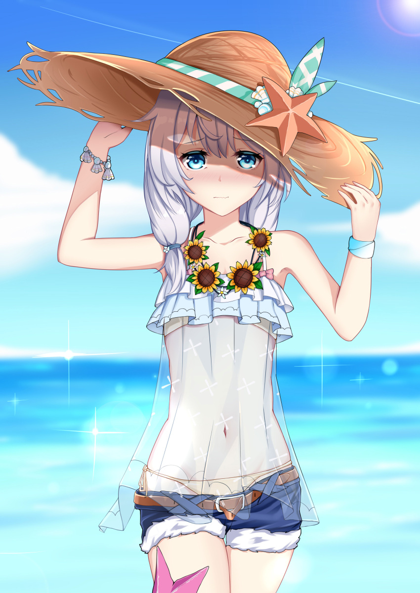 1girl absurdres arm_up bangs bare_shoulders belt_buckle benghuai_xueyuan bikini bikini_under_clothes blue_eyes blue_shorts blue_sky blush bow bracelet brown_belt buckle closed_mouth clouds collarbone commentary_request day eyebrows_visible_through_hair flower fur-trimmed_shorts fur_trim hair_between_eyes hair_tie hand_up hands_on_headwear hat highres honkai_impact horizon jewelry long_hair looking_at_viewer mo_ying_yu navel ocean outdoors pink_bow see-through short_shorts shorts side-tie_bikini silver_hair sky solo straw_hat sun sunflower sunlight swimsuit theresa_apocalypse water wavy_mouth yellow_bikini yellow_flower