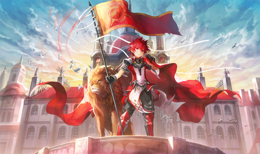 1boy armor armored_boots bird boots city cloak elsword elsword_(character) flag highres lion lord_knight_(elsword) red_eyes redhead scorpion5050 shoulder_armor sky standard_bearer