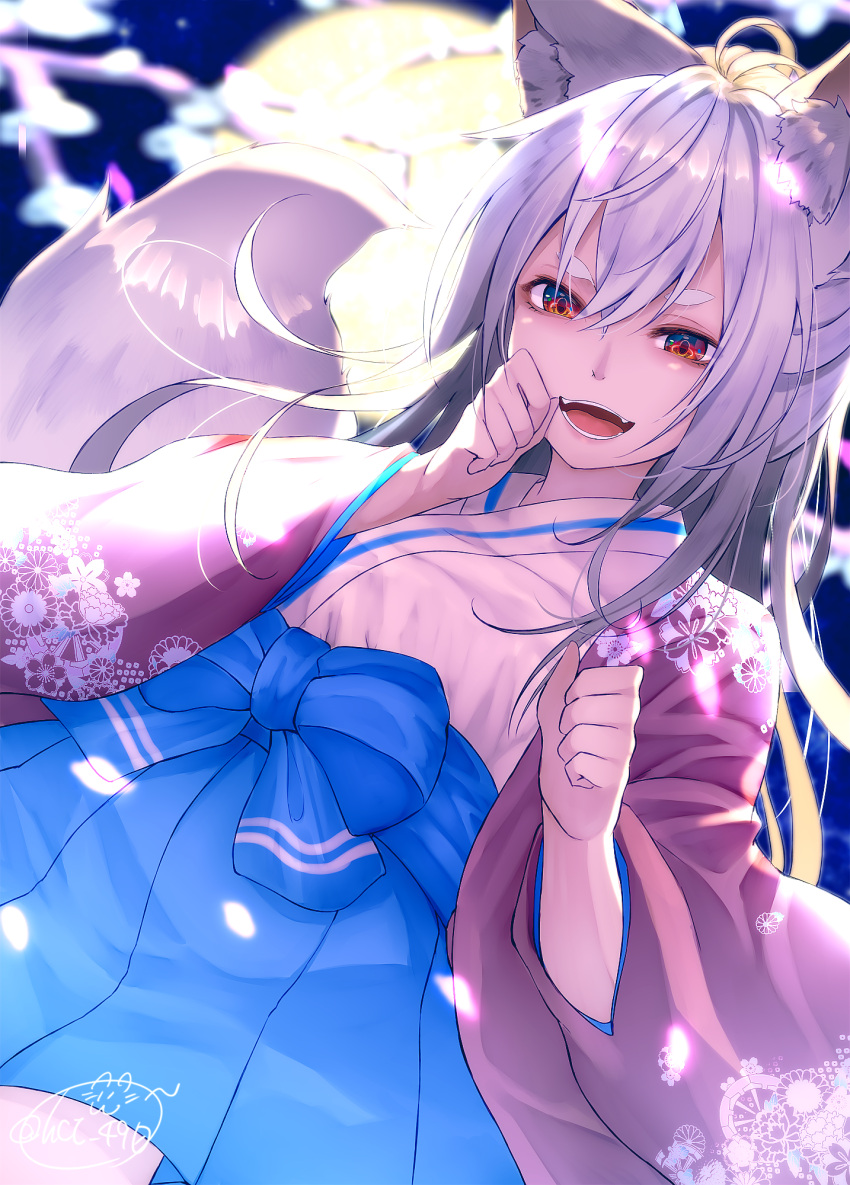 1girl :d animal_ears bangs blue_bow blue_hakama blurry blurry_background bow chita_(ketchup) commentary_request depth_of_field dutch_angle fangs fox_ears fox_girl fox_tail full_moon hair_between_eyes hakama hakama_skirt hands_up haori highres japanese_clothes kimono long_hair long_sleeves looking_at_viewer moon night night_sky open_mouth original red_eyes short_kimono signature silver_hair sky smile solo tail thick_eyebrows very_long_hair white_kimono wide_sleeves