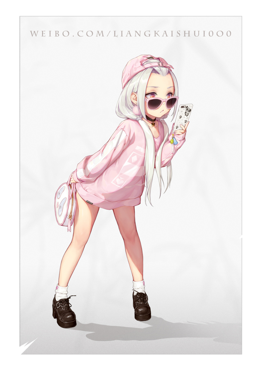 1girl :&lt; bag cellphone choker dress earrings forehead full_body hat highres jewelry leaning_forward long_hair low_twintails maou_renjishi no_pants original phone pink_sweater red_eyes shadow shoes smartphone socks solo sunglasses sweater sweater_dress twintails white_hair