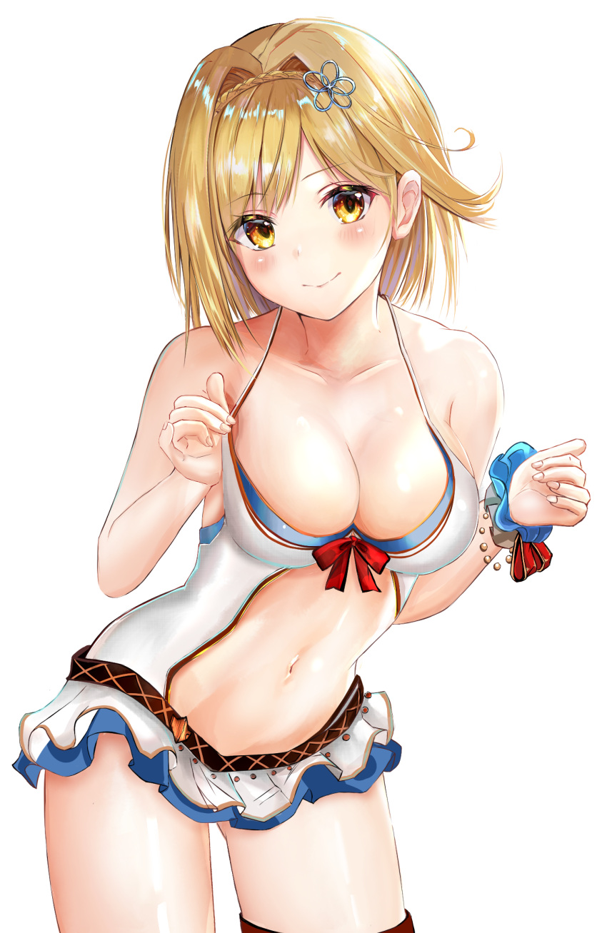 1girl bare_arms bare_shoulders blonde_hair blue_scrunchie blush bow breasts brown_eyes casual_one-piece_swimsuit cleavage closed_mouth collarbone commentary_request djeeta_(granblue_fantasy) fingernails granblue_fantasy hair_intakes hair_ornament hands_up head_tilt highres long_hair looking_at_viewer medium_breasts navel one-piece_swimsuit red_bow ria_(riarea00) scrunchie simple_background smile solo swimsuit white_background white_swimsuit wrist_scrunchie