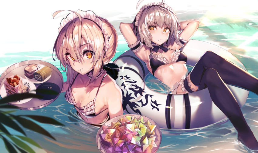 2girls ahoge akieda arm_garter armpits arms_behind_head artoria_pendragon_(all) artoria_pendragon_(swimsuit_rider_alter) artoria_pendragon_(swimsuit_rider_alter)_(cosplay) bangs bikini black_bikini black_bow black_legwear blonde_hair blush bow braid breasts cake checkerboard_cookie cleavage closed_mouth collarbone cookie cosplay day detached_collar eating eyebrows_visible_through_hair fate/grand_order fate_(series) food french_braid frilled_bikini frills frown hair_between_eyes hair_bow highres holding holding_tray innertube jeanne_d'arc_(alter)_(fate) jeanne_d'arc_(fate)_(all) leaf leg_garter looking_at_viewer maid maid_bikini maid_headdress medium_breasts multiple_girls navel ocean outdoors pastry saint_quartz short_hair silver_hair slice_of_cake strawberry_shortcake swimsuit swiss_roll thigh-highs tray water yellow_eyes