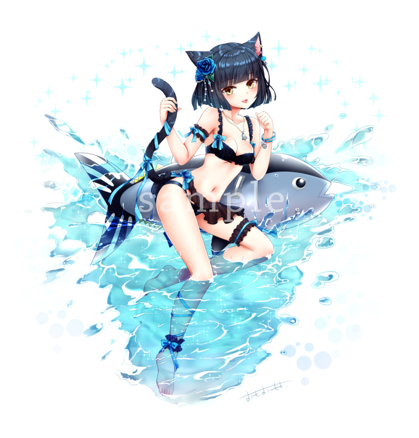 1girl :d animal_ears arm_garter bangs bare_shoulders barefoot bikini black_bikini black_hair blue_bow blue_flower blue_ribbon blue_rose blunt_bangs blush bow breasts brown_eyes cat_ears cat_girl cat_tail cleavage collarbone commentary_request eyebrows_visible_through_hair fangs fingernails flower hair_flower hair_ornament hands_up highres inflatable_fish inflatable_toy jewelry leg_garter leg_ribbon looking_at_viewer medium_breasts navel omoomomo open_mouth original pendant ribbon rose sample short_hair signature smile solo sparkle star swimsuit tail tail_grab tail_ribbon water white_background