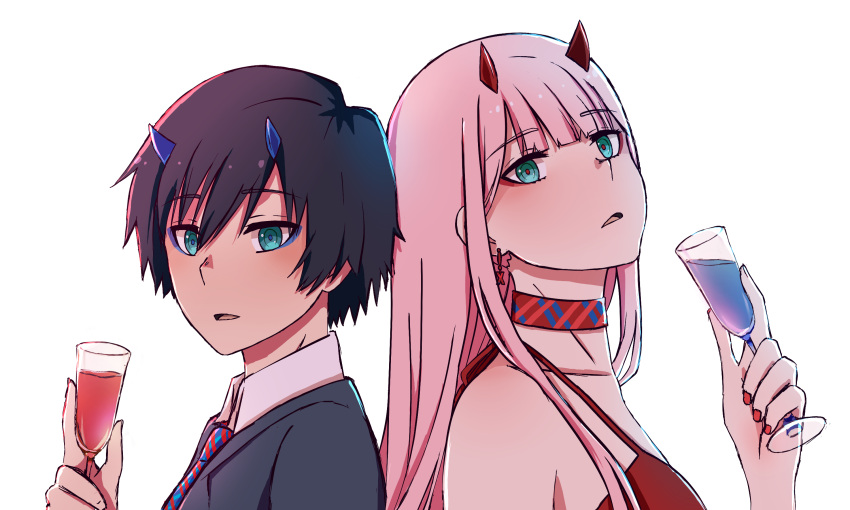 1boy 1girl bangs bare_shoulders black_hair blue_horns collar collarbone collared_shirt commentary couple cup darling_in_the_franxx dress earrings english_commentary eyebrows_visible_through_hair formal green_eyes grey_suit hetero highres hiro_(darling_in_the_franxx) holding holding_cup horns jewelry long_hair nail_polish necktie oni_horns pink_hair red_collar red_dress red_horns red_nails shirt short_hair shriikey sleeveless sleeveless_dress suit white_shirt wing_collar zero_two_(darling_in_the_franxx)