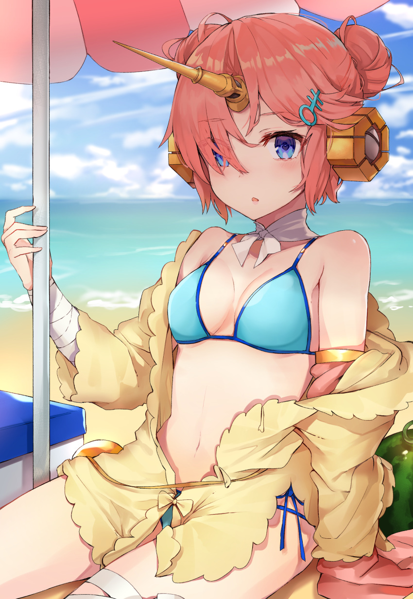 1girl absurdres arm_support asymmetrical_sleeves bandage bandaged_arm bandages bangs bare_shoulders beach beach_umbrella bikini black_cola blue_bikini blue_eyes blue_sky blurry blurry_background breasts clouds cloudy_sky commentary_request cooler day depth_of_field double_bun eyebrows_visible_through_hair fate/grand_order fate_(series) food frankenstein's_monster_(fate) frankenstein's_monster_(swimsuit_saber)_(fate) fruit hair_ornament hair_over_one_eye hand_up highres horizon horn jacket long_sleeves navel ocean open_clothes open_jacket outdoors parted_lips pink_hair sand side-tie_bikini side_bun sitting sky sleeves_past_fingers sleeves_past_wrists small_breasts solo swimsuit umbrella water watermelon yellow_jacket