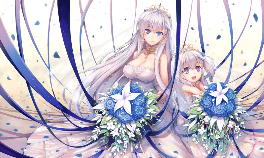 2girls alternate_costume azur_lane bangs bare_shoulders belchan_(azur_lane) belfast_(azur_lane) blue_eyes blue_ribbon blush bouquet braid bride chain chains collar collarbone crossed_bangs dress earrings eyebrows_visible_through_hair flower gloves gold gold_chain highres holding holding_bouquet jewelry long_hair looking_at_viewer multiple_girls one_side_up open_mouth petals ribbon sidelocks silver_hair smile star star_earrings strapless strapless_dress tamashii_yuu tiara wedding_dress white_dress white_gloves younger