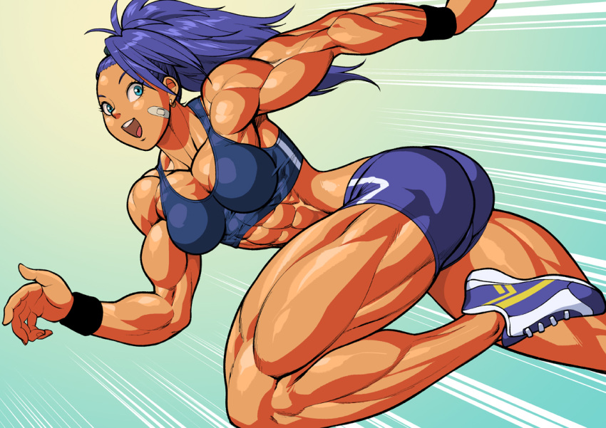 1girl :d abs ass bandaid bare_arms bike_shorts blue_eyes blue_hair breasts captain_mizuki earrings jewelry midriff muscle muscular_female one-punch_man open_mouth pokkuti ponytail running shoes smile sneakers solo toned wristband