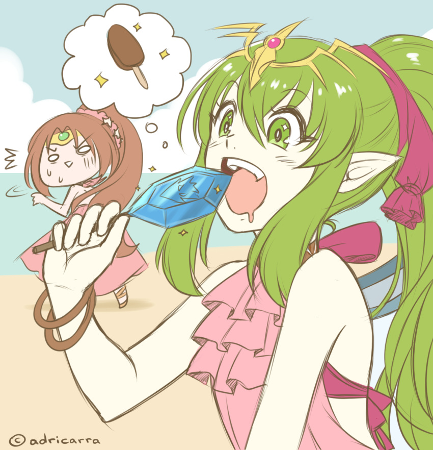 2girls adricarra artist_name bare_shoulders blue_sky bracelet brown_hair chiki clouds day fire_emblem fire_emblem:_mystery_of_the_emblem fire_emblem_heroes food green_eyes green_hair hair_ribbon highres jewelry linda_(fire_emblem) long_hair mamkute multiple_girls open_mouth pink_swimsuit pointy_ears ponytail popsicle red_ribbon ribbon sky swimsuit tiara