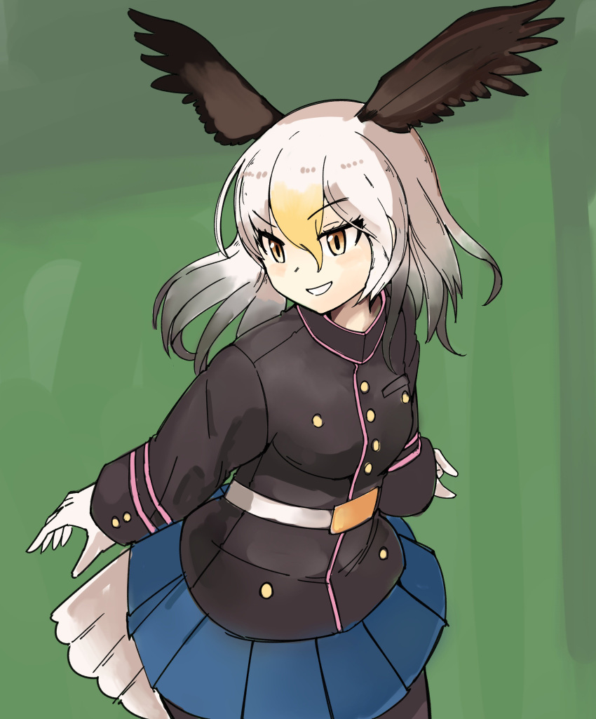 1girl absurdres bald_eagle_(kemono_friends) belt black_legwear blonde_hair blue_skirt buttons collaboration commentary_request cowboy_shot eyebrows_visible_through_hair gloves gradient_hair green_background hair_between_eyes head_wings highres jacket kemono_friends long_hair long_sleeves looking_to_the_side miniskirt multicolored_hair omnisucker pantyhose partial_commentary pleated_skirt rumenia_(ao2is) skirt smile solo tail_feathers white_gloves white_hair yellow_eyes