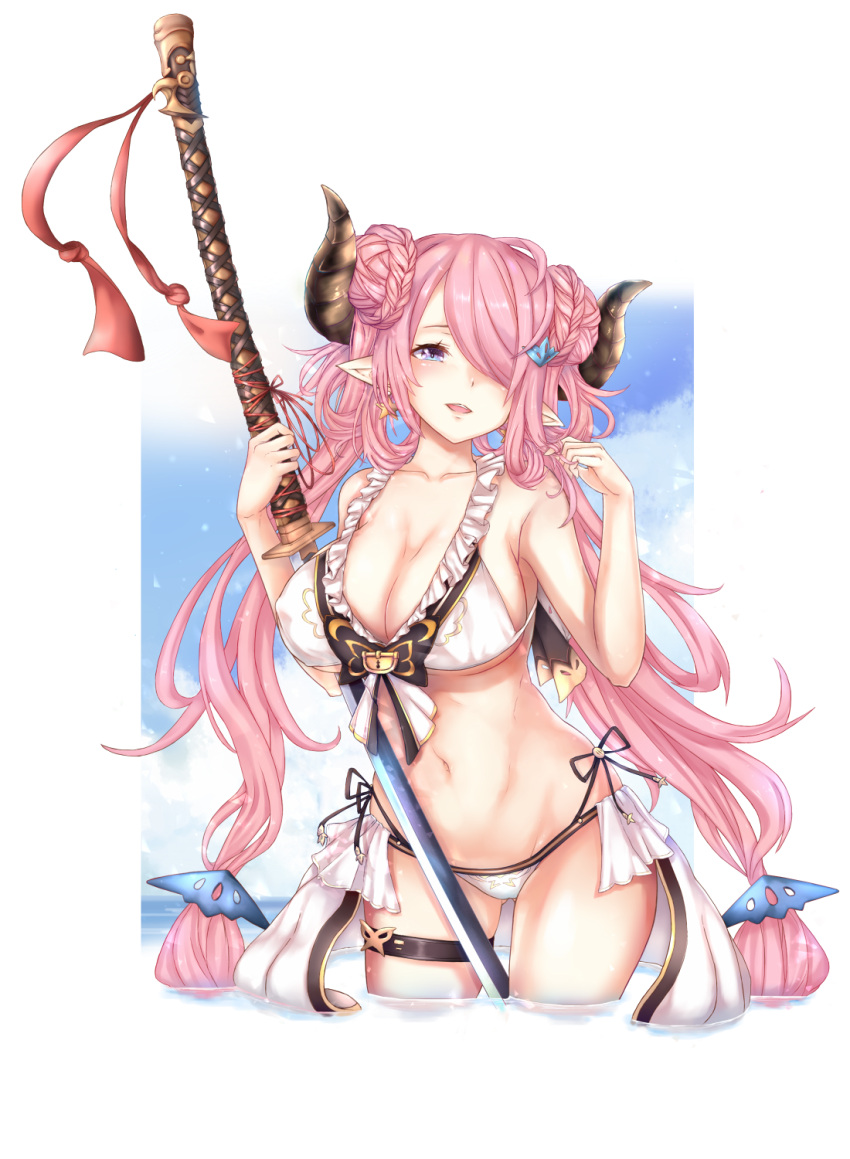 1girl bikini blue_eyes blush braid breasts chicami clouds collarbone day double_bun draph earrings frilled_bikini frills gluteal_fold granblue_fantasy groin hair_twirling head_tilt highres holding holding_sword holding_weapon horns jewelry katana large_breasts long_hair looking_at_viewer narmaya_(granblue_fantasy) navel outdoors parted_lips pink_hair pointy_ears sky smile solo standing star star_earrings swimsuit sword thigh_strap transparent_background twintails very_long_hair water weapon white_bikini
