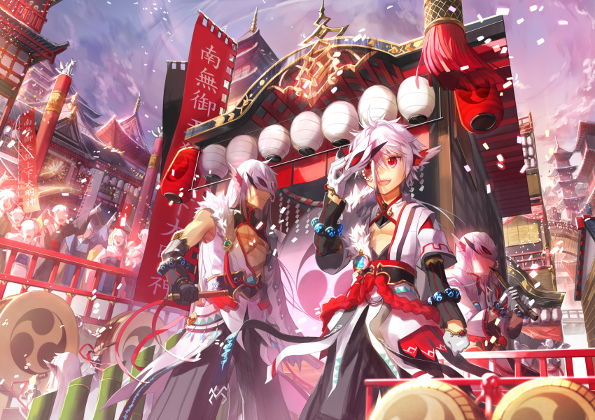 architecture bamboo bracelet cheering crowd drum drumsticks east_asian_architecture elsword elsword_(character) highres instrument jewelry lantern mask mask_removed parade priest raven_(elsword) scar scorpion5050 symbol tagme