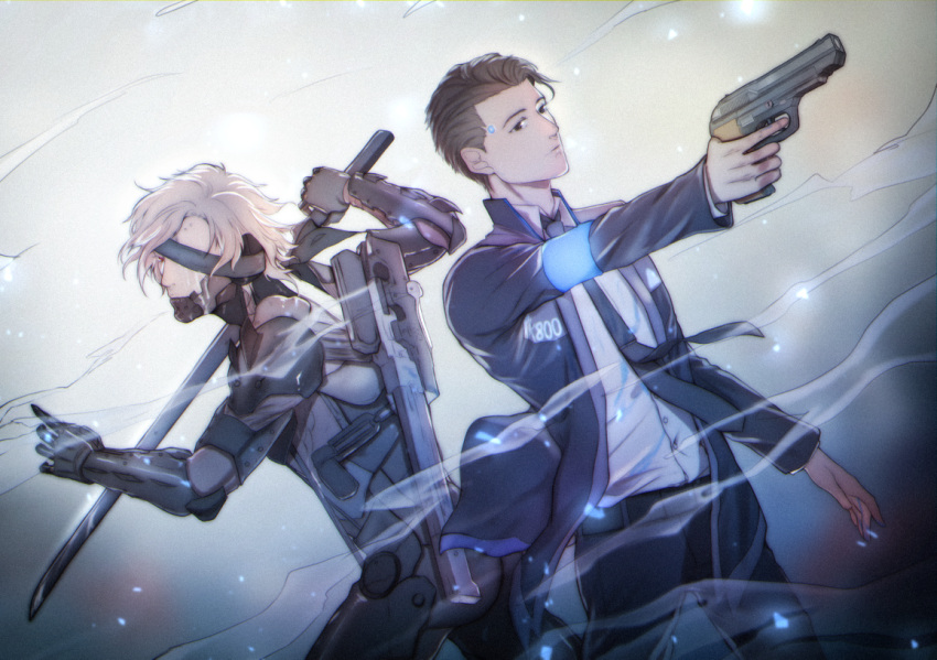 2boys android armband bai_rui bandanna black_hair connor_(detroit) crossover cyborg detroit:_become_human dutch_angle eyepatch glowing glowing_eyes gun holding holding_gun holding_sword holding_weapon jacket male_focus metal_gear_(series) metal_gear_rising:_revengeance multiple_boys necktie raiden red_eyes sword weapon white_hair