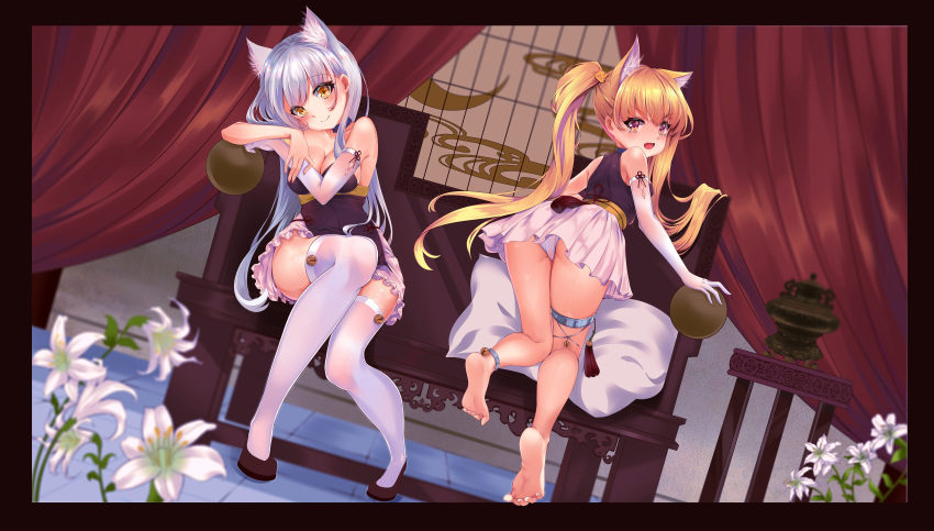 2girls absurdres animal_ears ass back bangs bare_legs bare_shoulders barefoot bell blue_choker blush breasts choker cleavage closed_mouth collarbone dress elbow_gloves eyebrows_visible_through_hair eyelashes feet fingernails from_behind gloves hair_between_eyes highres indoors jingle_bell long_fingernails long_hair looking_at_viewer looking_back medium_breasts mikawa_sansen multiple_girls nail_polish orange_hair original panties pantyshot pantyshot_(sitting) pillow pink_nails pov_feet shiny shiny_hair shoes short_dress shoulder_blades sidelocks silver_hair single_elbow_glove sitting skirt sleeveless sleeveless_dress slit_pupils small_breasts smile soles tail tassel thigh-highs thigh_strap tiger_ears tiger_girl tile_floor tiles toenails toes twintails underwear upskirt very_long_hair violet_eyes white_gloves white_legwear white_panties yellow_eyes