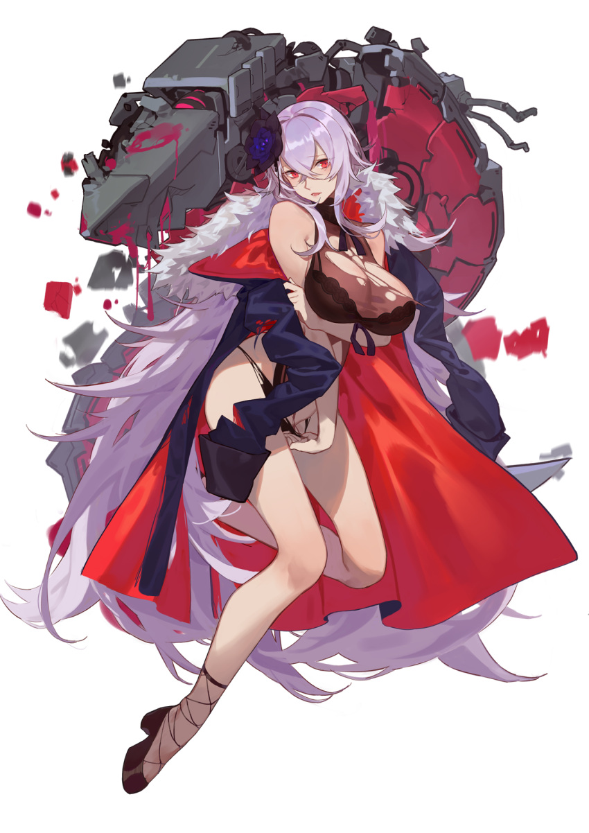 1girl alternate_costume azur_lane bare_shoulders bikini black_bikini breast_hold breasts cleavage eyebrows_visible_through_hair full_body graf_zeppelin_(azur_lane) hair_between_eyes hat high_heels highres large_breasts lips looking_at_viewer machinery messy_hair parted_lips peaked_cap red_cucumber red_eyes silver_hair simple_background swimsuit thighs torn_clothes white_background