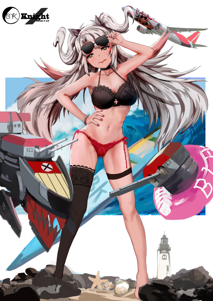 1girl absurdres aircraft airplane alternate_costume antenna_hair artist_name azur_lane bangs beach bikini black_bikini_top black_knight_(artist) black_legwear black_ribbon blue_sky blush bracelet breasts brown_eyes cannon clouds collarbone cross_cutout dated eyebrows_visible_through_hair floating_hair full_body gluteal_fold hair_between_eyes hair_ribbon half-closed_eyes hand_on_eyewear hand_on_hip highres innertube iron_cross jewelry large_breasts licking_lips lighthouse long_hair looking_at_viewer machinery mole mole_on_breast multicolored_hair nail_polish navel ocean outdoors pink_nails prinz_eugen_(azur_lane) red_bikini_bottom redhead ribbon rigging sand side-tie_bikini signature silver_hair single_thighhigh sky smile solo starfish stomach streaked_hair sunglasses surfboard swimsuit thigh-highs thigh_strap tongue tongue_out turrets two_side_up very_long_hair waves