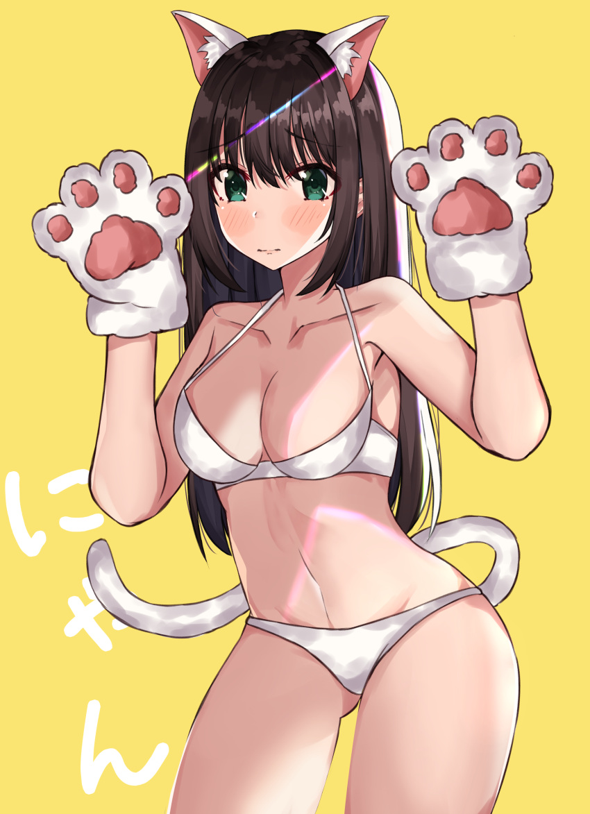 1girl absurdres animal_ears bangs blush bra breasts brown_hair cat_ears cat_girl cat_tail cleavage closed_mouth collarbone commentary_request eyebrows_visible_through_hair gloves gluteal_fold green_eyes hair_between_eyes hands_up highres idolmaster idolmaster_cinderella_girls idolmaster_cinderella_girls_starlight_stage kemonomimi_mode long_hair looking_at_viewer medium_breasts navel norazura panties paw_gloves paws shibuya_rin simple_background solo tail underwear underwear_only very_long_hair white_bra white_panties yellow_background