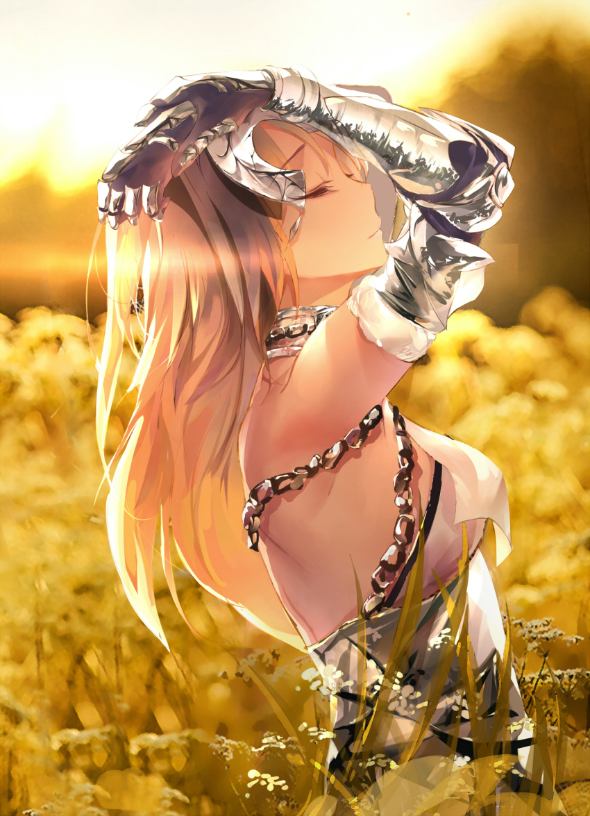 1girl armor arms_up blonde_hair blurry blurry_background breasts chains closed_eyes fallen_heaven fate/grand_order fate_(series) field flower flower_field from_side gauntlets hands_on_own_head headpiece highres jeanne_d'arc_(fate) jeanne_d'arc_(fate)_(all) long_hair medium_breasts outdoors profile reflection solo standing sunlight upper_body