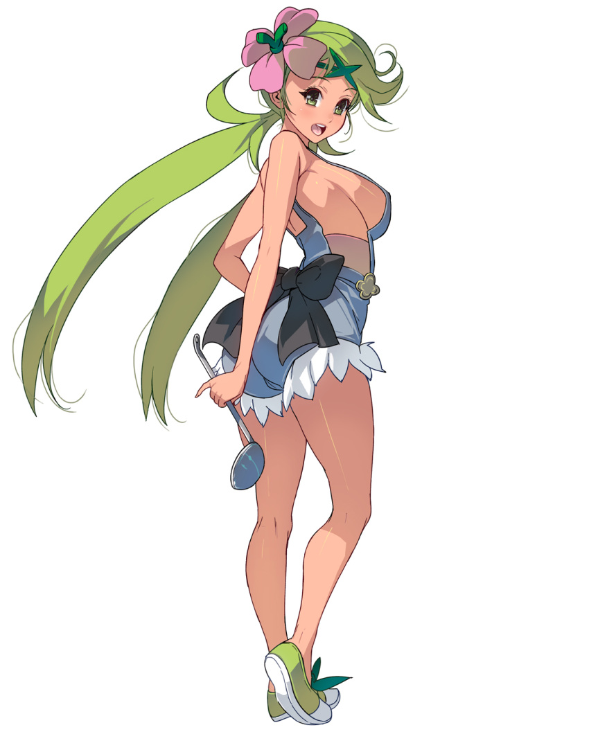 1girl bangs breasts commentary_request dark_skin flower full_body green_eyes green_hair hair_flower hair_ornament highres large_breasts long_hair looking_at_viewer low_twintails mallow_(pokemon) masao open_mouth overalls pokemon pokemon_(game) sideboob solo swept_bangs tan twintails