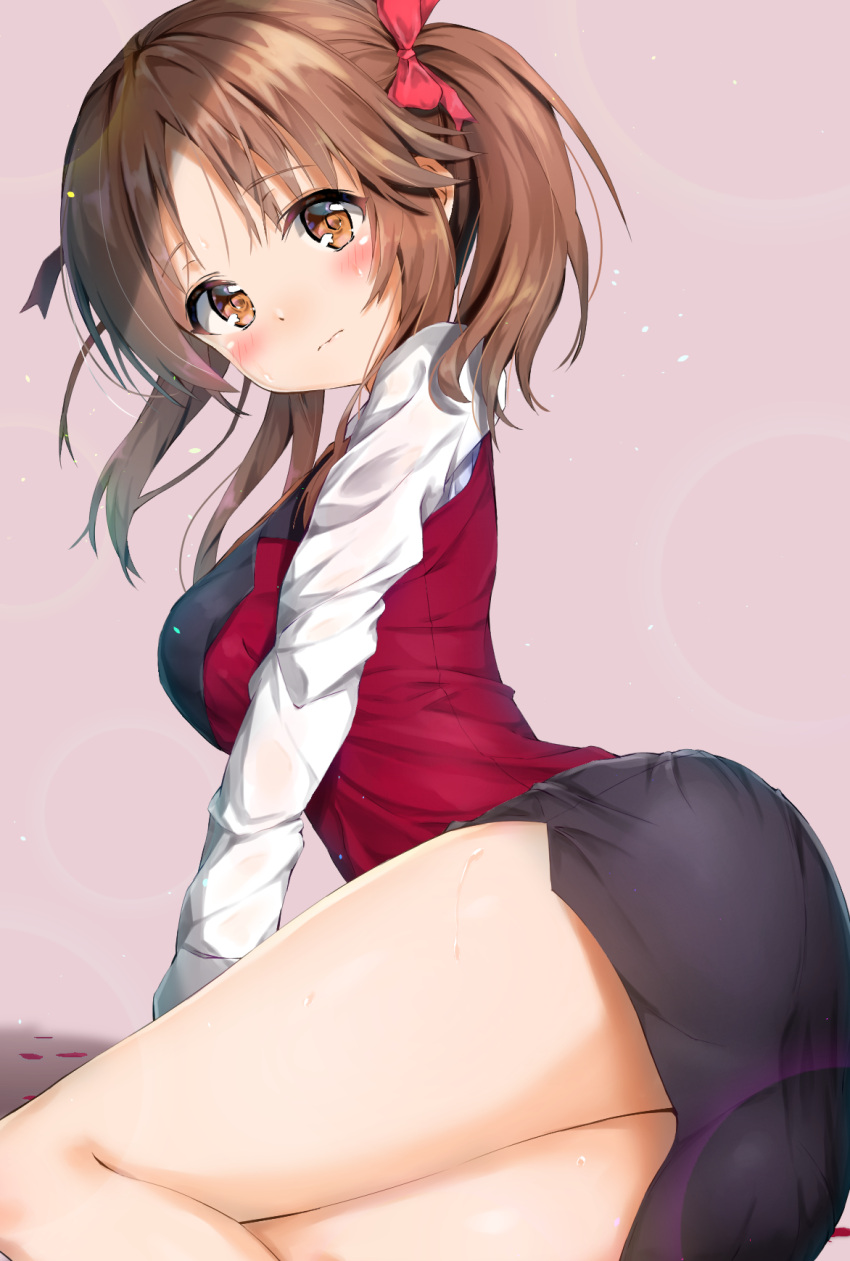1girl bangs black_skirt blush bow breasts brown_eyes brown_hair closed_mouth commentary_request eyebrows_visible_through_hair hair_bow head_tilt highres idolmaster idolmaster_cinderella_girls kuria_(clear_trip_second) large_breasts long_sleeves looking_at_viewer looking_to_the_side parted_bangs petals red_bow red_vest shirt skirt solo sweat totoki_airi twintails vest white_shirt