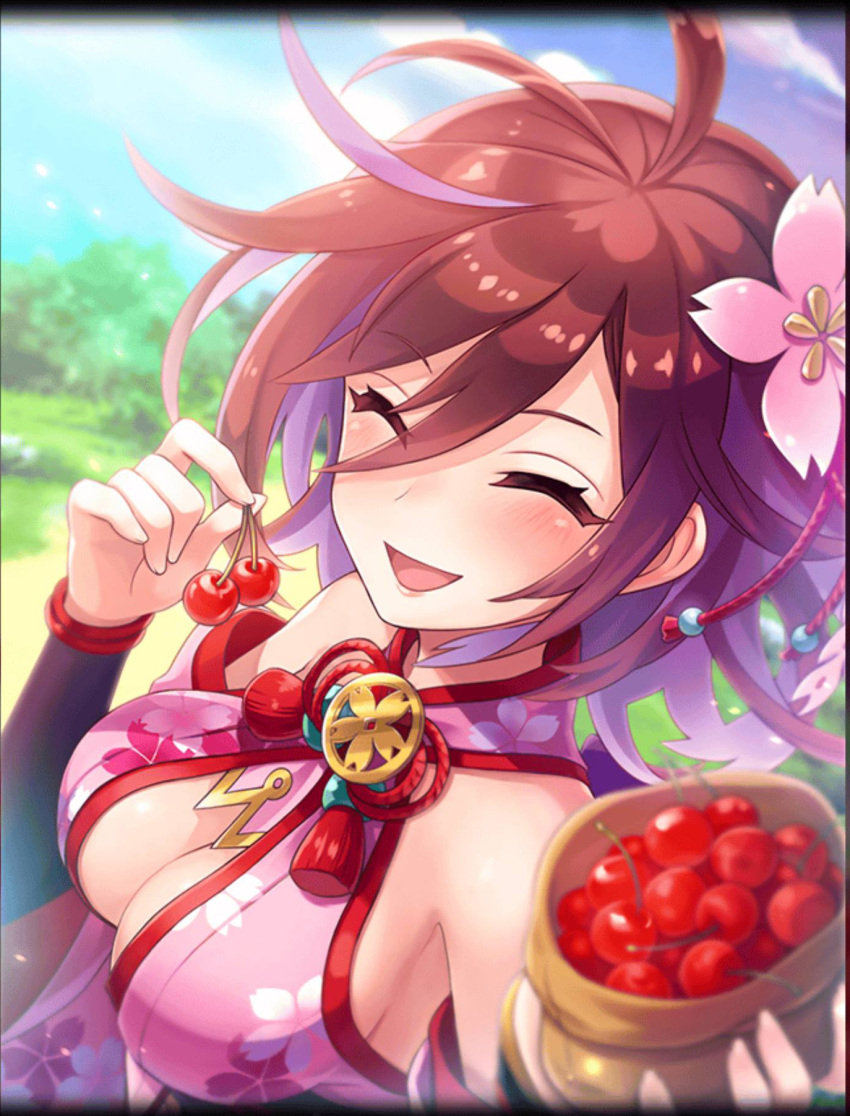 1girl artist_request bag bare_shoulders blush breasts brown_hair cherry cleavage cleavage_cutout closed_eyes floral_print flower food fruit hair_between_eyes hair_flower hair_ornament highres holding holding_bag holding_food medium_breasts multicolored_hair official_art open_mouth phantom_of_the_kill shinobi_nightmare smile solo two-tone_hair upper_body