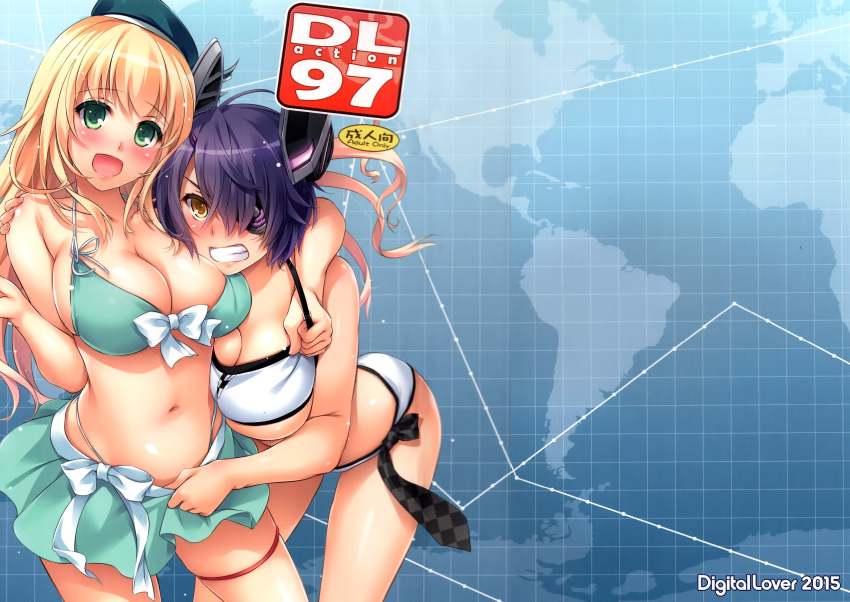 2girls atago_(kantai_collection) blonde_hair blush breasts checkered checkered_neckwear cleavage collarbone eyebrows_visible_through_hair eyepatch green_eyes green_hat hat highres kantai_collection large_breasts long_hair looking_at_viewer multiple_girls nakajima_yuka navel necktie necktie_removed open_mouth parted_lips purple_hair scan short_hair smile teeth tenryuu_(kantai_collection) under_boob yellow_eyes