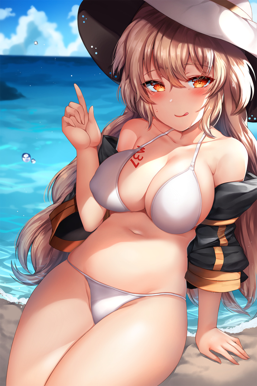 1girl :q arm_support bangs bare_shoulders bikini blue_sky blush body_writing breasts brown_hair character_name cleavage closed_mouth clouds collarbone day erect_nipples eyebrows_visible_through_hair girls_frontline groin hair_between_eyes hat head_tilt highres index_finger_raised ithaca_m37_(girls_frontline) jacket large_breasts long_hair looking_at_viewer navel ocean open_clothes open_jacket orange_eyes outdoors painteen sand sidelocks sitting sky smile solo stomach sun_hat sweat swimsuit tongue tongue_out very_long_hair water_drop waves white_bikini