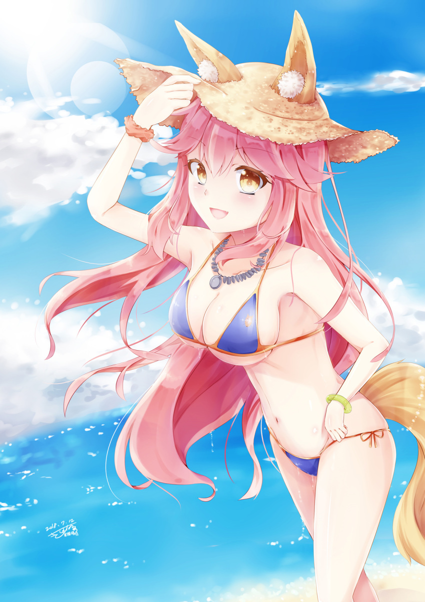 1girl animal_ears bikini blue_bikini breasts chunli495 cleavage day ears_through_headwear fang fate/grand_order fate_(series) fox_ears fox_tail groin hat highres large_breasts looking_at_viewer navel ocean open_mouth outdoors pink_hair side-tie_bikini solo straw_hat swimsuit tail tamamo_(fate)_(all) tamamo_no_mae_(swimsuit_lancer)_(fate) yellow_eyes