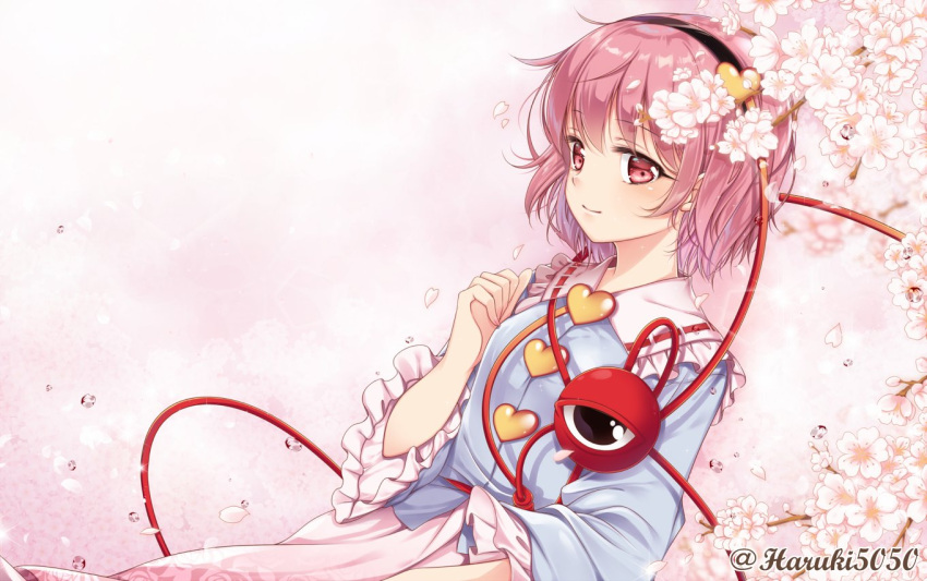 1girl artist_name black_hairband blue_shirt cherry_blossoms commentary_request eyebrows_visible_through_hair flower frilled_shirt_collar frilled_sleeves frills hair_ornament hairband hand_up haruki_(colorful_macaron) heart heart_hair_ornament komeiji_satori long_sleeves looking_at_viewer petals pink_background pink_eyes pink_hair pink_skirt ribbon-trimmed_collar ribbon_trim shirt short_hair skirt smile solo third_eye touhou twitter_username upper_body water_drop white_flower wide_sleeves