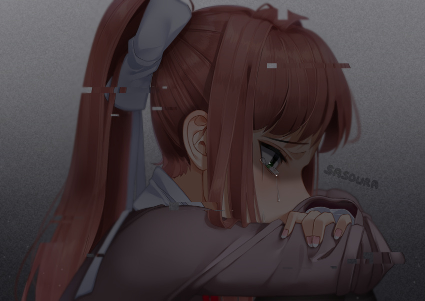 1girl artist_name brown_hair commentary crying crying_with_eyes_open doki_doki_literature_club english_commentary glitch green_eyes hair_ribbon highres long_hair monika_(doki_doki_literature_club) ponytail profile ribbon sasoura school_uniform solo static tears white_ribbon