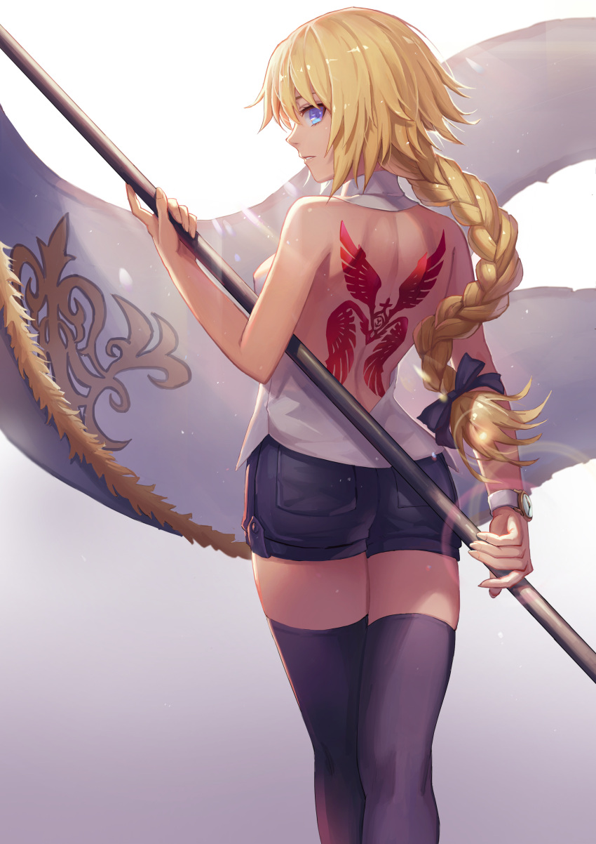 1girl absurdres alternate_costume backless_outfit bangs banner bare_back bare_shoulders black_legwear blonde_hair blue_eyes braid breasts commentary_request contemporary cowboy_shot denim denim_shorts fate/apocrypha fate/grand_order fate_(series) flag from_behind gradient gradient_background hair_between_eyes halterneck highres jeanne_d'arc_(fate) jeanne_d'arc_(fate)_(all) large_breasts lips long_braid long_hair looking_at_viewer mool_yueguang parted_lips shirt shorts single_braid standard_bearer tattoo thigh-highs turtleneck very_long_hair watch watch white_shirt