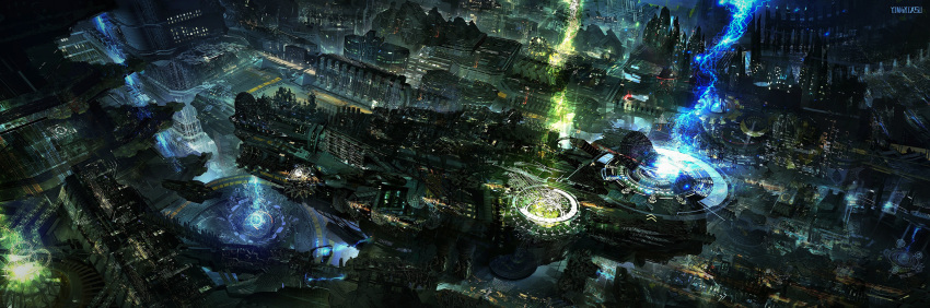 artist_name building city city_lights cityscape commentary_request energy highres hologram kvpk5428 machinery night no_humans original scenery science_fiction space_craft