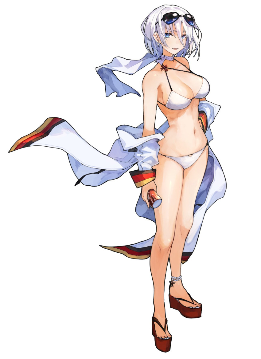 1girl anklet azur_lane bikini blue_eyes breasts character_request coat earrings eyewear_on_head highres jewelry large_breasts mephist-pheles sandals scarf short_hair silver_hair sunglasses swimsuit