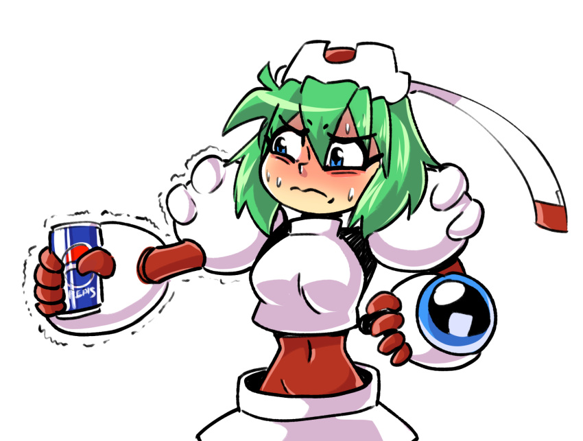 1girl anaugi android armor blue_eyes breastplate can closed_mouth covered_navel eyebrows_visible_through_hair gloves green_hair hair_between_eyes hands_up hat highres holding holding_can marina_liteyears outstretched_arm pauldrons pepsi short_hair simple_background soda_can solo sweat sweating_profusely trembling upper_body white_background yuke_yuke!!_trouble_makers