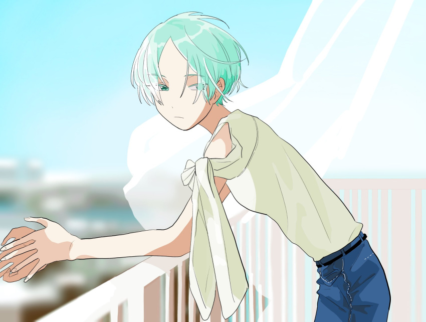 1boy alternate_costume blurry blurry_background colored_eyelashes curtains denim expressionless eyes_visible_through_hair green_eyes green_hair highres houseki_no_kuni humanization jeans leaning_on_rail looking_at_viewer ninjin_(fmdp2854) pants phosphophyllite short_hair solo veranda