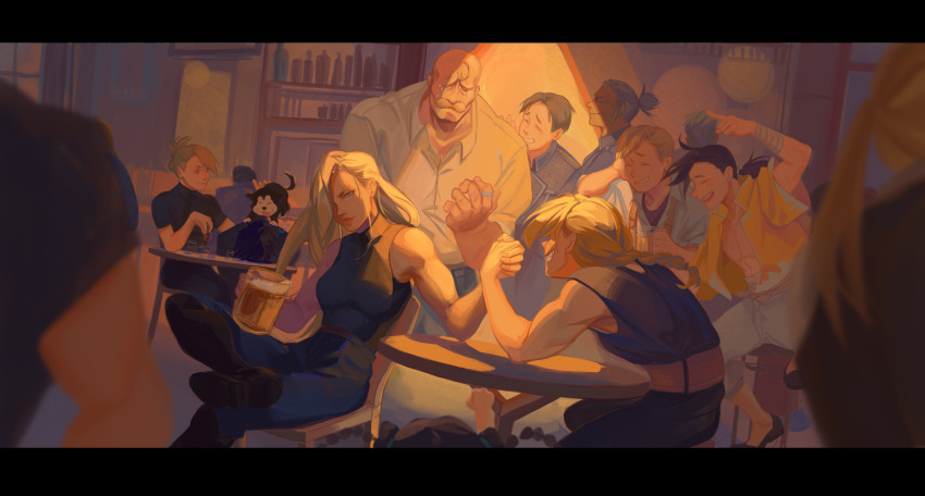 4girls 6+boys alcohol alex_louis_armstrong alphonse_elric amestris_military_uniform animal animal_on_head arm_wrestling bald beer black_hair black_hayate black_shirt blonde_hair blue_eyes blurry braid chair commentary crying dark_skin depth_of_field dog dog_on_head dutch_angle edward_elric elbows_on_table english_commentary facial_hair facing_away fullmetal_alchemist glass grin hair_over_one_eye hanromi height_difference highres indoors legs_crossed letterboxed ling_yao long_hair looking_at_another maria_ross may_chang miles_(fma) multiple_boys multiple_girls mustache nervous nervous_smile olivier_mira_armstrong on_head out_of_frame profile riza_hawkeye roy_mustang shirt short_hair sitting sleeveless sleeveless_shirt smile sparkle spotlight sweatdrop table teeth tied_hair tongue tongue_out white_hair