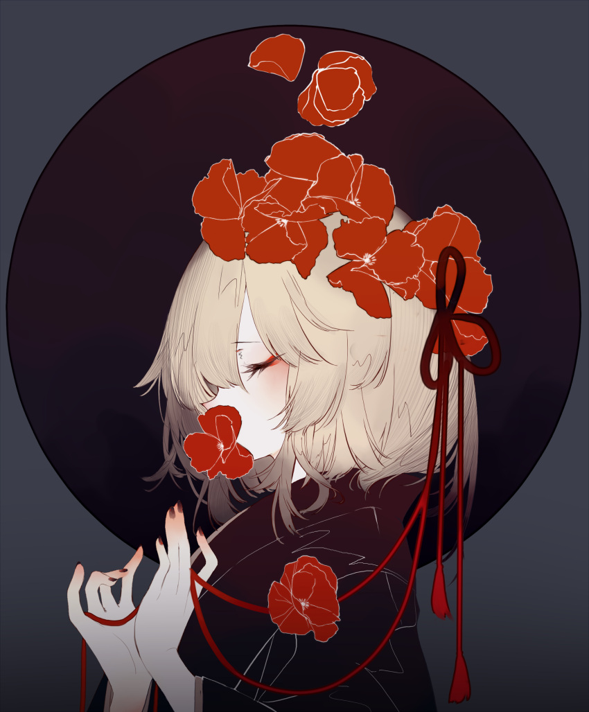 1girl absurdres blonde_hair closed_eyes covered_mouth eyeshadow flower flower_on_head from_side hair_flower hair_ornament hair_ribbon highres japanese_clothes kimono makeup mouth_hold nail_polish profile red_flower red_ribbon ribbon rumia short_hair solo touhou upper_body zhixie_jiaobu