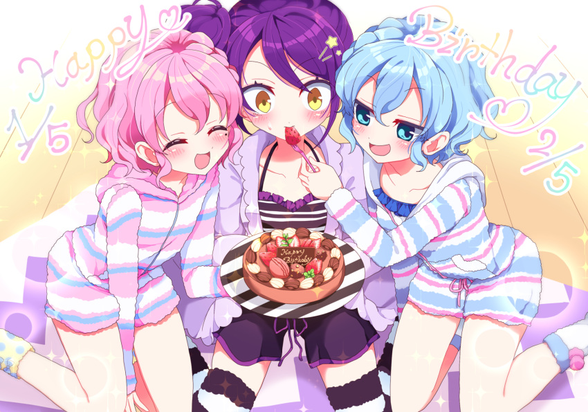 1boy 2girls :d ^_^ alice-whiteberry between_legs bird blue_eyes blue_hair blush boots braid cake closed_eyes closed_eyes dated dorothy_west eating feeding food fork fruit fur_boots hair_ornament hairpin hand_between_legs happy_birthday highres holding holding_fork holding_tray jacket kneeling leona_west multiple_girls open_mouth pajamas pink_hair pripara purple_hair purple_jacket short_hair shorts side_braid side_ponytail sitting smile sparkle strawberry striped striped_pajamas sweatdrop toudou_shion trap tray v-shaped_eyebrows wooden_floor yellow_eyes