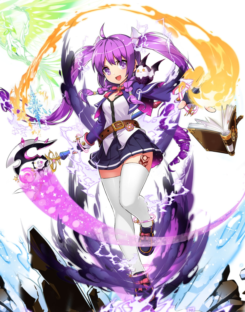 1girl :d ahoge aisha_(elsword) anklet belt black_gloves black_skirt book bow breasts elsword fingerless_gloves floating_hair gloves hair_ornament highres holding holding_weapon jewelry leg_up long_hair looking_at_viewer miniskirt neck_ribbon open_book open_mouth pink_ribbon pleated_skirt purple_footwear purple_hair ribbon shiny shiny_hair shirt shoe_bow shoes skirt small_breasts smile solo standing standing_on_one_leg thigh-highs twintails very_long_hair violet_eyes weapon white_legwear white_shirt zettai_ryouiki