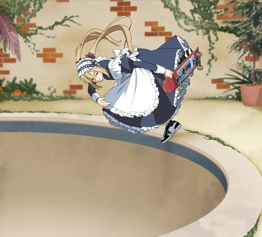 1girl apron blonde_hair bow closed_eyes hair_bow long_hair maid maid_apron maid_headdress original shoes skateboard skateboarding sneakers solo suzushiro_(suzushiro333) twintails